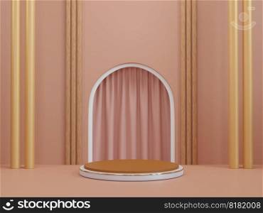 brown and white cylinder pedestal podium with arch shape backdrop and brown battens. abstract pastel brown color. 3d rendering 
