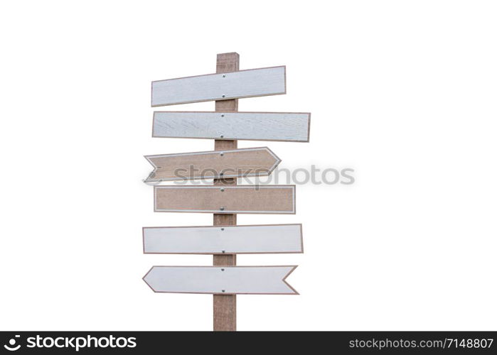 Brown and white wooden arrow sign isolated on white background for decoration the cafe and restaurant place is outdoor.