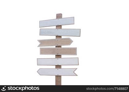 Brown and white wooden arrow sign isolated on white background for decoration the cafe and restaurant place is outdoor.