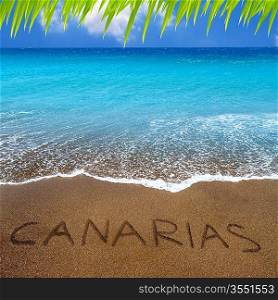Brown beach sand with written word Canarias in Canary islands