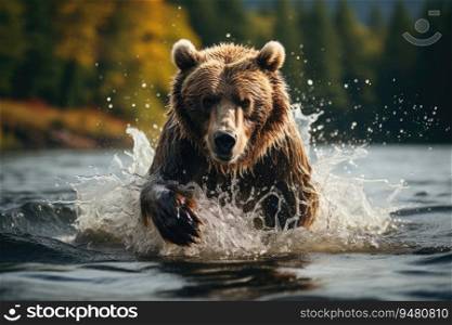 Brown bear fishing in a river. Generative AI
