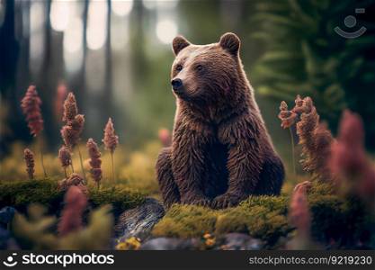 Brown Bear In Forest.  Generative AI 