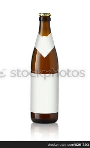 Brown beer bottle with an ex&le label isolated on a white background. With clippig path