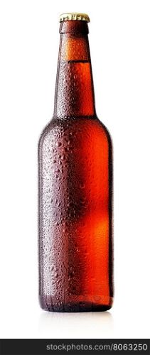 Brown beer bottle with drops isolated on white background. Brown beer bottle with drops