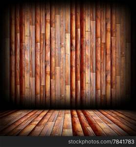 brown boards on wall and floor, abstract interior architectural empty backdrop with vignette