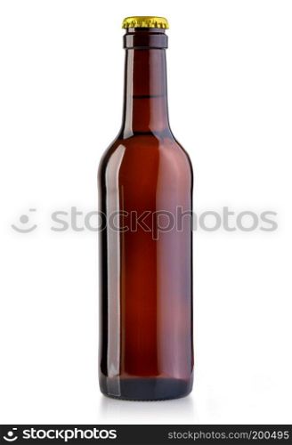 brown bottle with beer on white background with clipping path