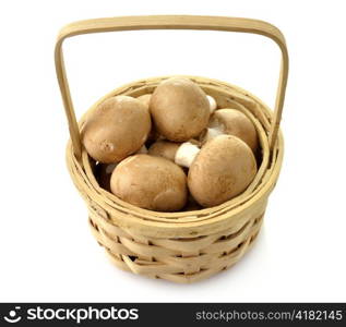 Brown Champignons In A Basket , Close Up