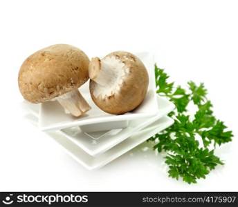 Brown Champignons In A White Bowl , Close Up