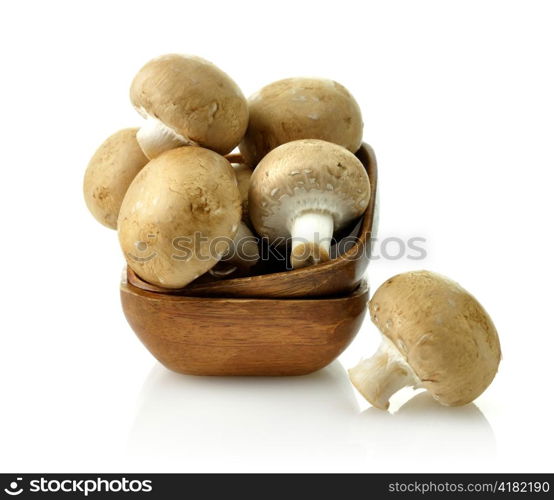 Brown Champignons In A Wooden Bowl , Close Up
