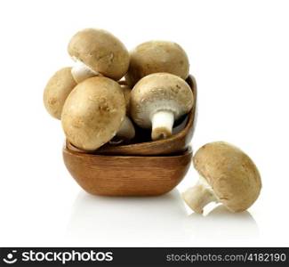 Brown Champignons In A Wooden Bowl , Close Up