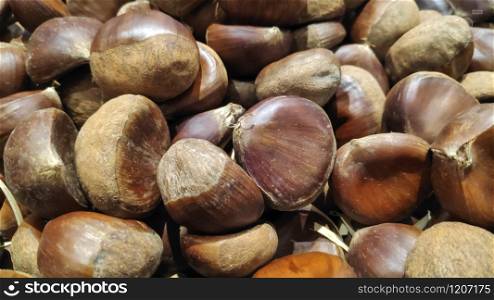 Brown chestnut nuts for sale at market