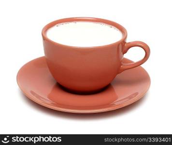 brown china cup with milk on white background