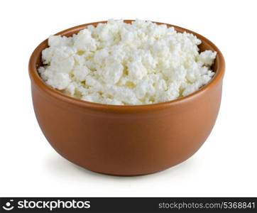Brown clay bowl of cottage cheese isolated on white