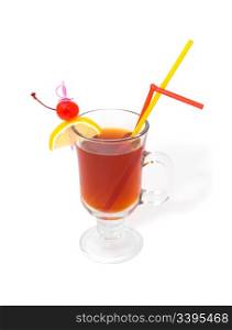 brown cocktail in glass stemware with straws decorated with cherry and lemon, clipping path