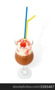 brown cocktail in glass stemware with whipped cream top and decorated with cherry, clipping path
