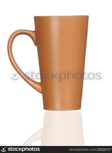 Brown coffee mug with reflection isolated on white background