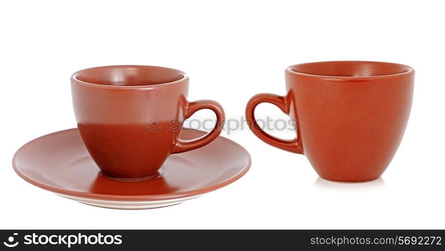 Brown cup and saucer on the white background. Collage