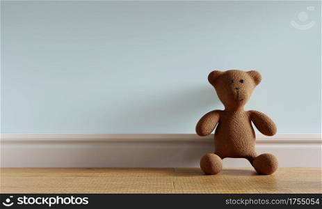 Brown cute teddy bear toy leaning on blue-green pastel background and wooden floor. Kids play and newborn baby room concept. 3D illustration. 3D rendering graphic design