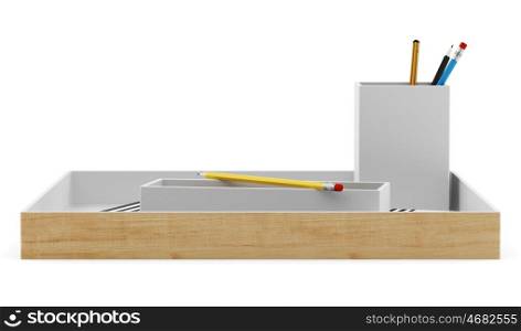 brown desk organizer with office supplies isolated on white background. 3d illustration