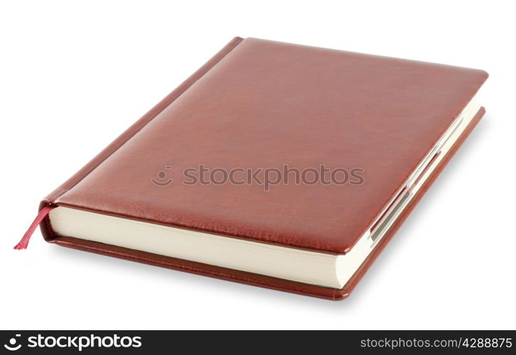 Brown diary with bookmark isolated on white background