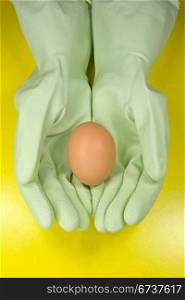 brown egg in a hands with rubber gloves