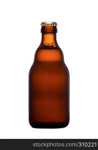 Brown glass beer bottle with yellow cap isolated on white