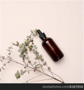 Brown glass bottle with a pipette on a beige background. Containers for cosmetics, oils, serum, top view