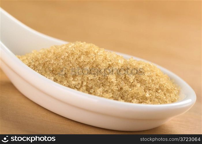 Brown granulated cane sugar on ceramic spoon (Selective Focus, Focus one third into the spoon)