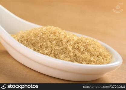 Brown granulated cane sugar on ceramic spoon (Selective Focus, Focus one third into the spoon)