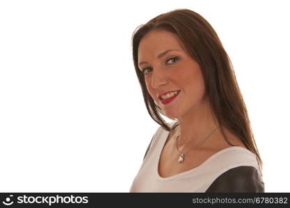 Brown haired girl isolated in white looking naughty into the camera