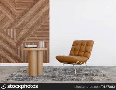 Brown leather armchair in contemporary interior. Modern, stylish, high quality leather furniture. Natural material. 3D rendering. Brown leather armchair in contemporary interior. Modern, stylish, high quality leather furniture. Natural material. 3D rendering.
