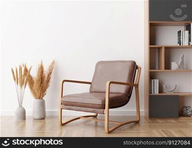 Brown leather armchair in contemporary interior. Modern, stylish, high quality leather furniture. Natural material. Pampas grass in vase. 3D rendering. Brown leather armchair in contemporary interior. Modern, stylish, high quality leather furniture. Natural material. Pampas grass in vase. 3D rendering.