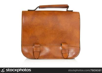 brown leather bag with reflection on white background