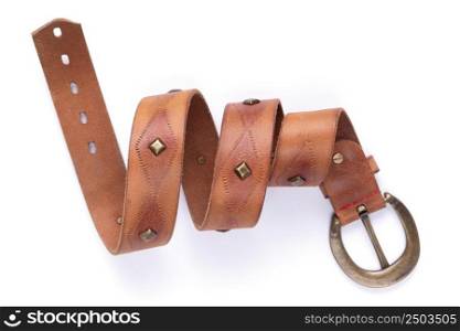 Brown leather belt isolated at white background. Old shabby belt with buckle
