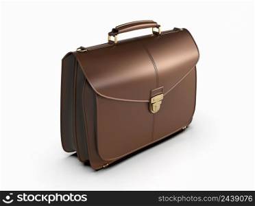 Brown Leather Businessman Briefcase with Lock on Light Background with Shadow, Business Bag Suitcase with Strap and Brass Buckle, Briefcase for Documents, Management or Professional 3D Illustration