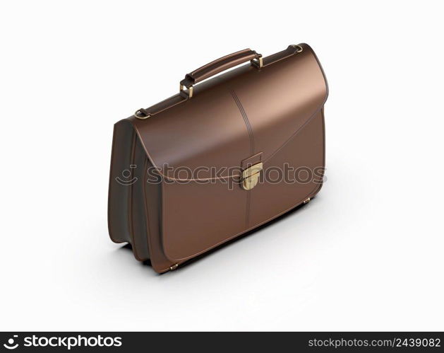 Brown Leather Businessman Briefcase with Lock on Light Background with Shadow, Business Bag Suitcase with Strap and Brass Buckle, Briefcase for Documents, Management or Professional 3D Illustration