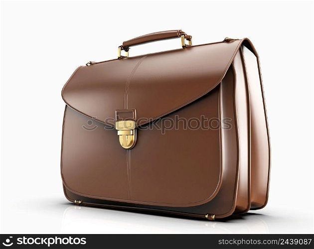 Brown Leather Businessman Briefcase with Lock on Light Background with Shadow, Business Bag Suitcase with Strap and Brass Buckle, Briefcase for Documents, Management or Professional 3D Illustration