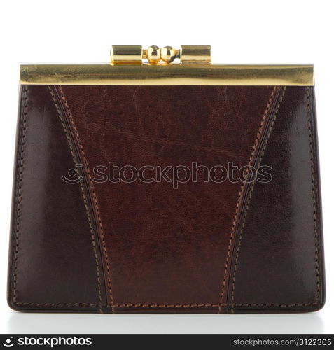 Brown leather purse isolated on white background.