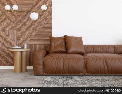 Brown leather sofa in contemporary interior. Modern, stylish, high quality leather furniture. Natural material. 3D rendering. Brown leather sofa in contemporary interior. Modern, stylish, high quality leather furniture. Natural material. 3D rendering.