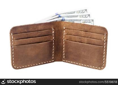 brown leather wallet with money isolated on white background&#xA;