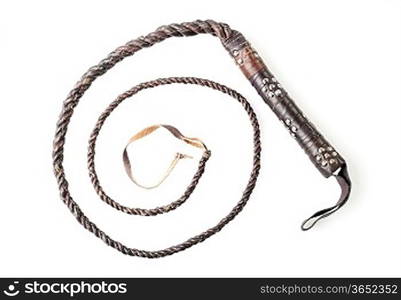 brown leather whip isolated on white background