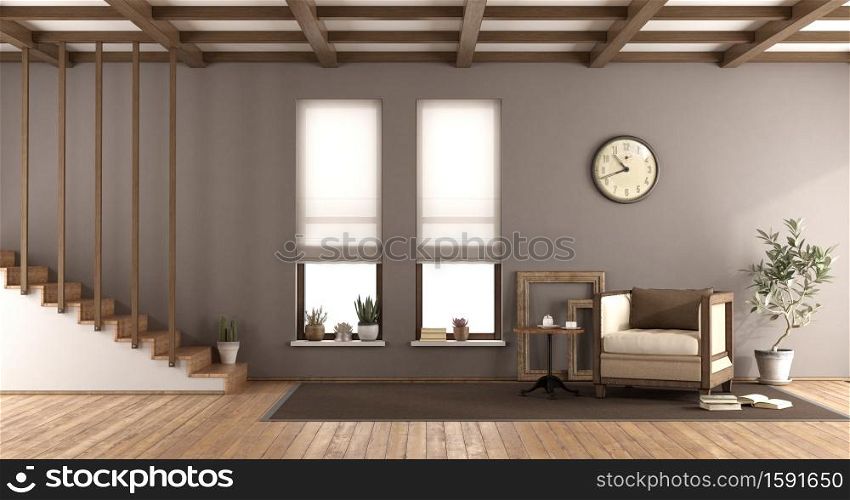 Brown living room in retro style with wooden stairscase,two windows and armchair - 3d rendering. Brown living room in retro style
