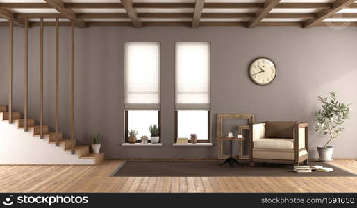 Brown living room in retro style with wooden stairscase,two windows and armchair - 3d rendering. Brown living room in retro style