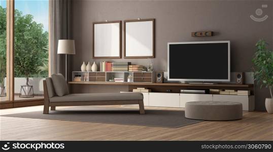 Brown living room with home cinema system,chaise lounge and footstool - 3d rendering. Brown living room with home cinema system