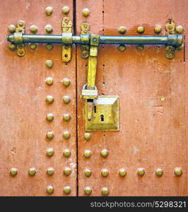 brown morocco in africa the old wood facade home and rusty safe padlock