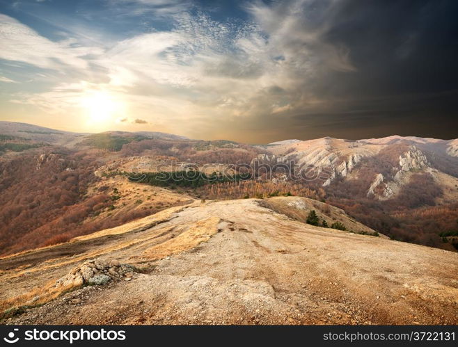 Brown mountains in autumn in sunny morning