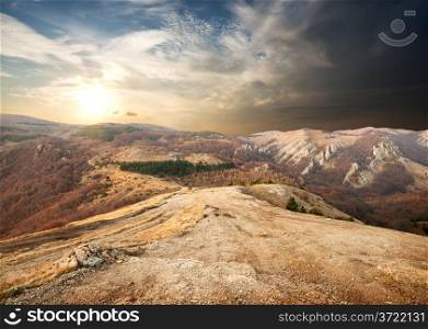 Brown mountains in autumn in sunny morning