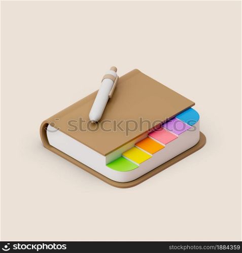 Brown Note book with colored labels and pen on pastel background. Isometric view. Simple 3d render illustration. Isolated object with soft shadows. Brown Note book with colored labels and pen on pastel background. Isometric view. Simple 3d render illustration.