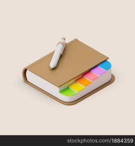 Brown Note book with colored labels and pen on pastel background. Isometric view. Simple 3d render illustration. Isolated object with soft shadows. Brown Note book with colored labels and pen on pastel background. Isometric view. Simple 3d render illustration.