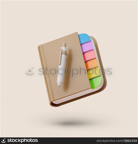 Brown Note book with colored labels and pen on pastel background. Simple 3d render illustration. Isolated object with soft shadows. Brown Note book with colored labels and pen on pastel background. Simple 3d render illustration.